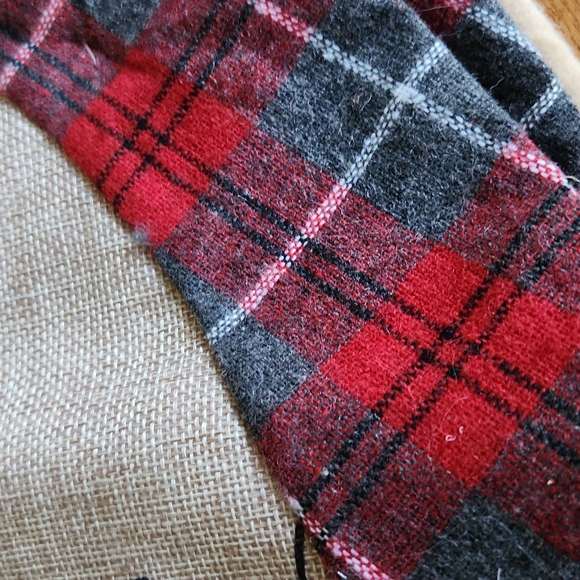 Burlap Mini Christmas Tree Skirt with Red Plaid Trim - Picture 7 of 9